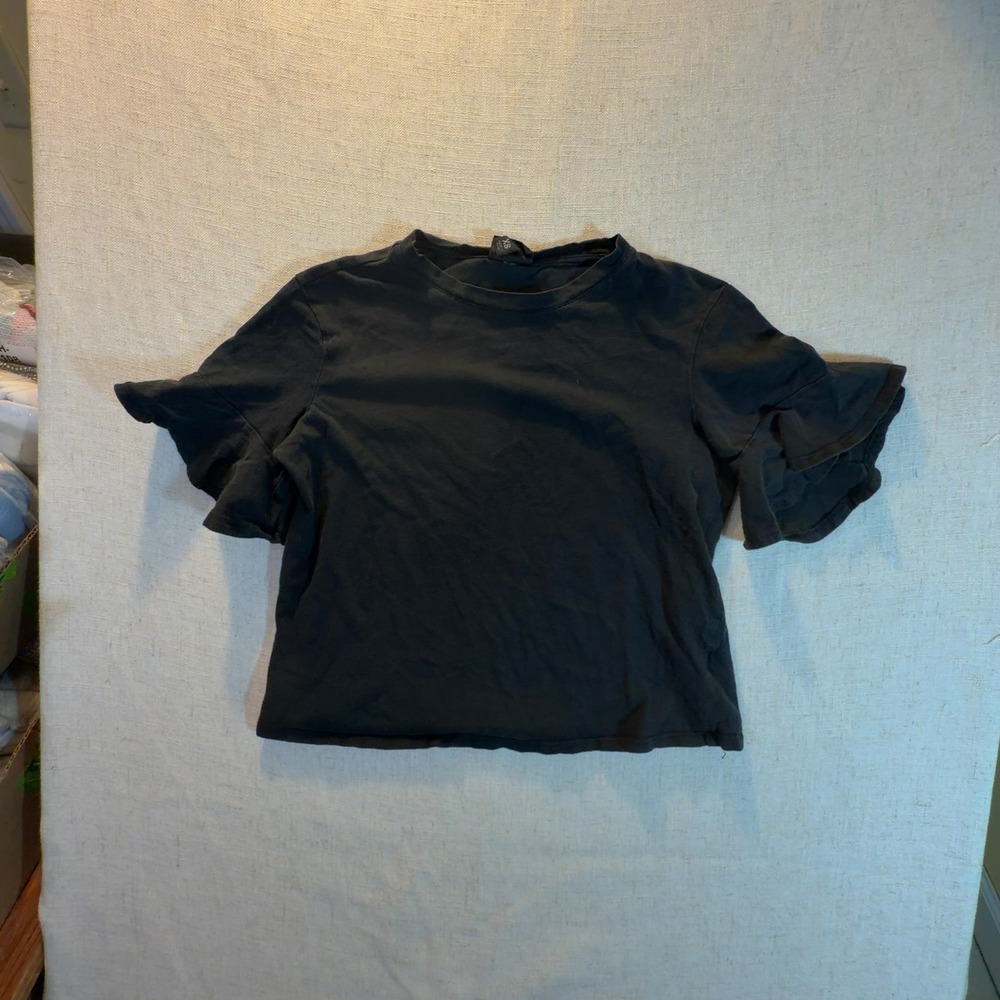 Massimo Black Ruffle Sleeve Crop Top Mock Neck Short Sleeve Women's Size XS